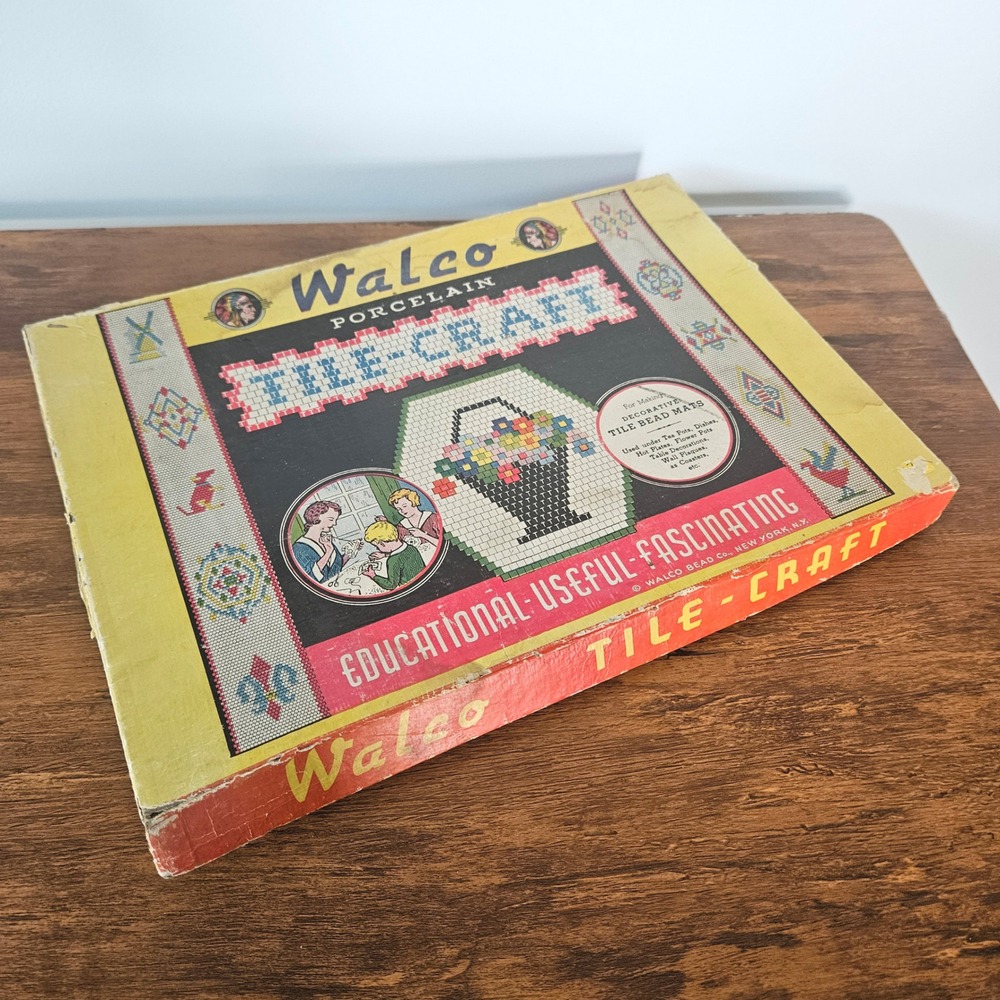 Vintage 40s Walco Porcelain Tile-Craft Bead Mosaic Kit Patterns Box Original